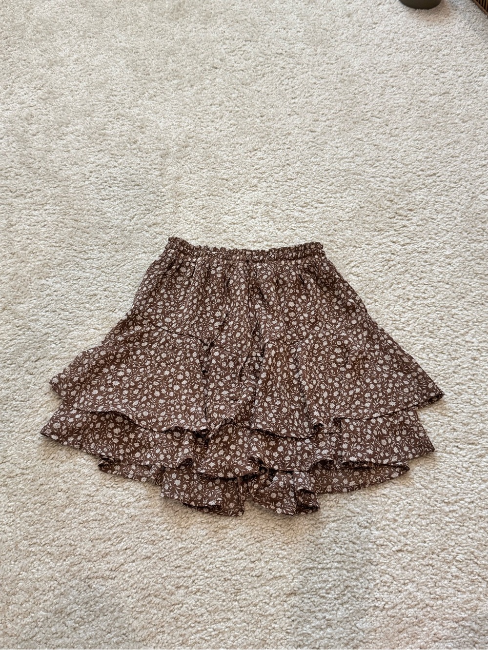 🔹 Brown Floral Tiered Ruffle Skort | Women’s XS